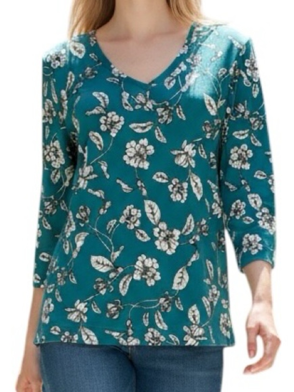 Chico's Teal Floral V-Neck 3/4 Sleeve Top Cotton Size 2 Large